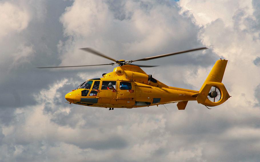 A rescue helicopter in flight. 