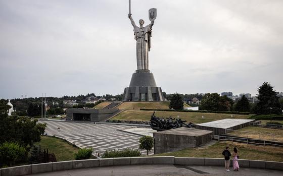 A monument, the Motherland, stands above Ukraine’s war museum in Kyiv on Sept. 1. An exhibition of artifacts collected in Russia’s Kursk region after Ukraine’s surprise incursion into Russia in August is due to open at the museum. MUST CREDIT: Ed Ram for The Washington Post