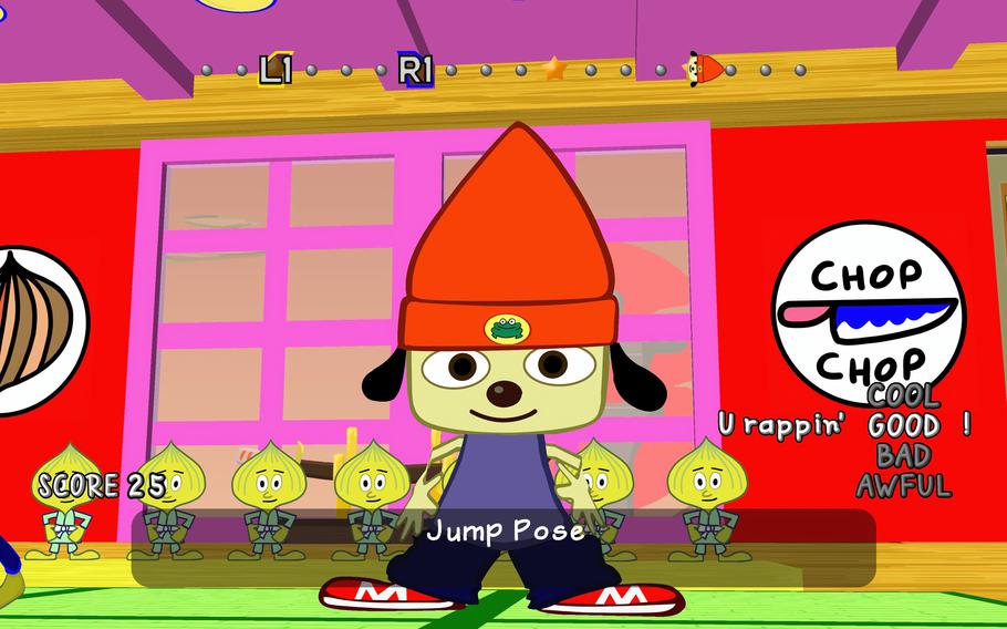 A cartoon dog with a pointy red hat stands in a frame from the 1996 video game PaRappa the Rapper.