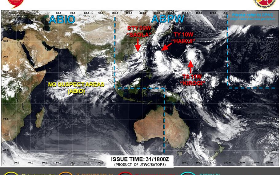 U.S. bases on Okinawa remained in Storm Watch overnight. Haikui as a Category 1-equivalent typhoon forecast to pass 245 miles southwest of Okinawa early Saturday.