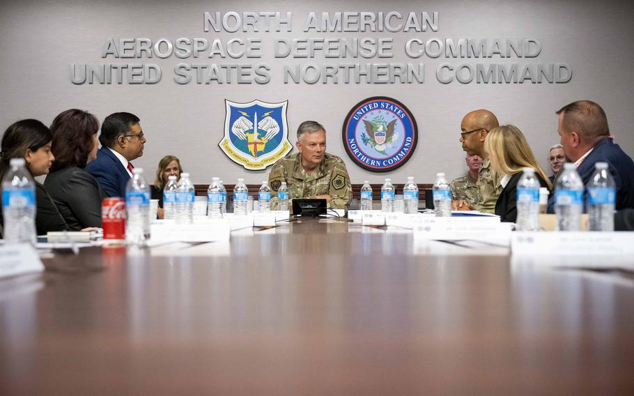 Gen. Glen VanHerck, the commander of North American Aerospace Defense Command and U.S. Northern Command, meets with members from the Cybersecurity and Infrastructure Security Agency (CISA) as well as other industry leaders to discuss the global security environment on Peterson Space Force Base, Colo., Aug. 22, 2023.