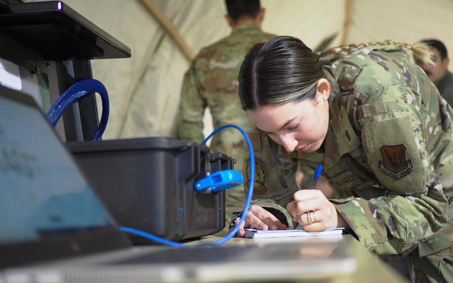 Airman 1st Class Mia Hanna, 355th Operations Squadron intelligence analyst, performs a system check on newly established austere communication capabilities for the 354th Fighter Squadron at Davis-Monthan Air Force Base, Ariz., Feb. 17, 2022. The Air Force Agile Battle Lab’s C-3 exercise demanded airmen operate outside their specialties to set up a field command, control and communications operation. 