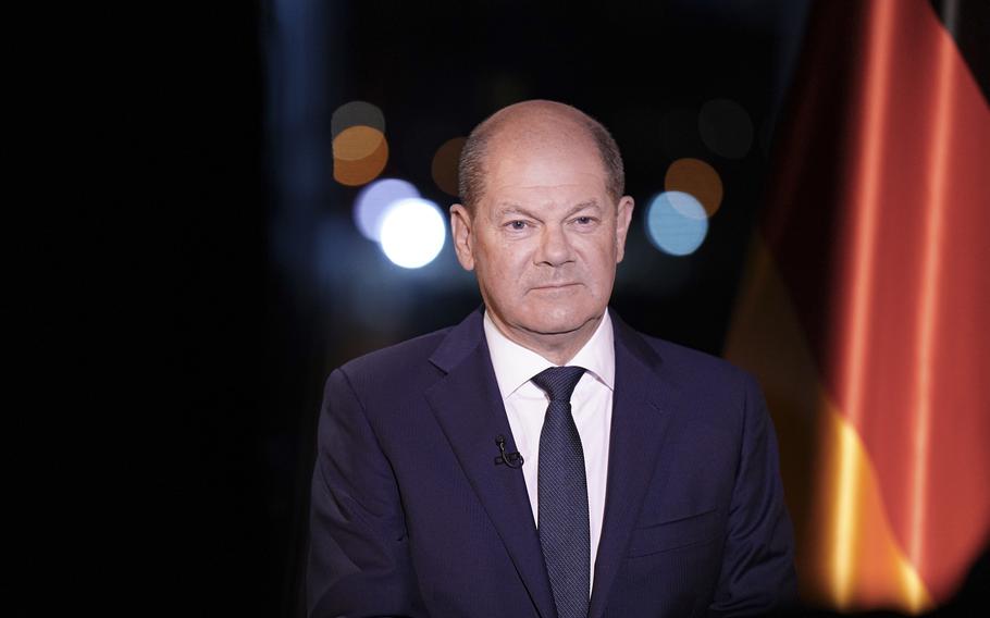 German Chancellor Olaf Scholz records his New Year’s address to the German people on Dec. 30, 2022, in Berlin.