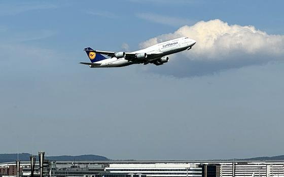 A Lufthansa Boeing 747 takes off from Frankfurt's international airport in May 2024. Plans for a shuttle between  Ramstein Air Base and the airport have been shelved due to lack of interest in the project by possible contractors, according to the Air Force.