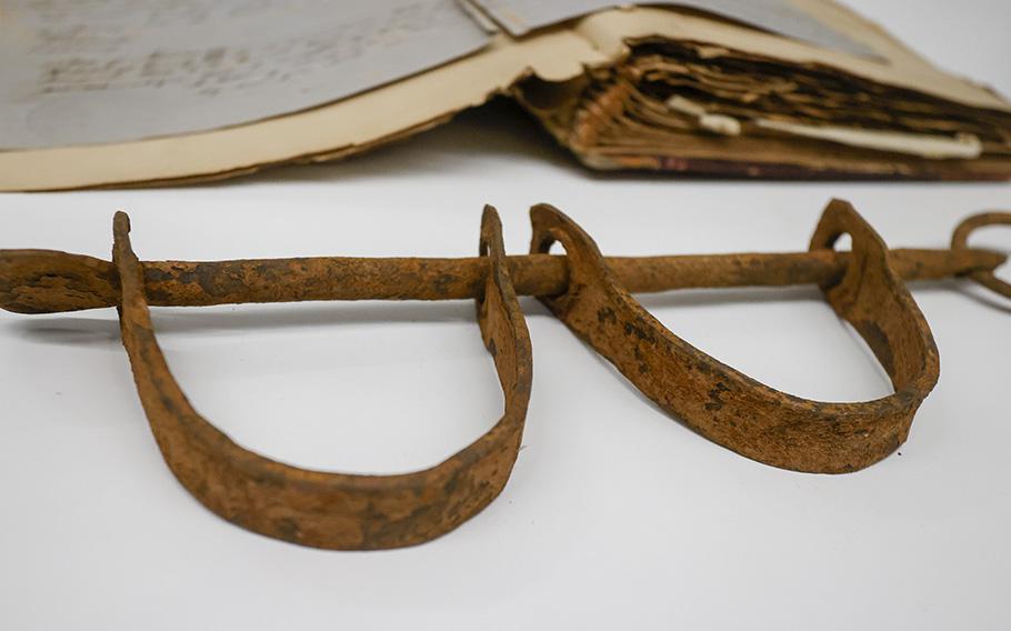 Shackles from the Spanish slave trade during the 1700s pictured at Tampa Bay History Center in downtown Tampa.