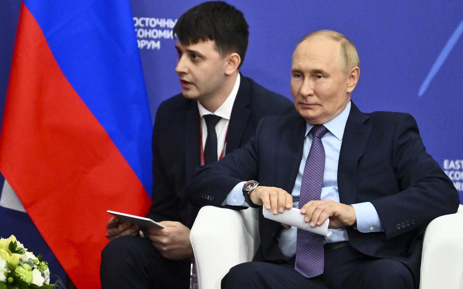 Russian President Vladimir Putin waits for a translation on the sidelines of the Eastern Economic Forum in Vladivostok, Russia, Wednesday, Sept. 4, 2024.