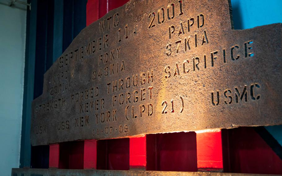 World Trade Center steel recovered from Ground Zero is shown in a passageway aboard the USS New York 