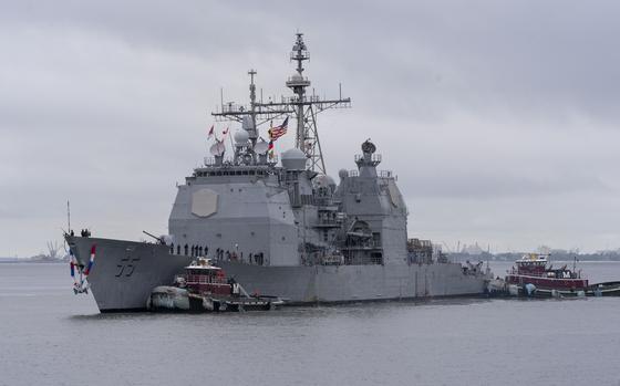 The guided-missile cruiser USS Leyte Gulf returns to Naval Station Norfolk on May 17, 2024, after its final deployment.