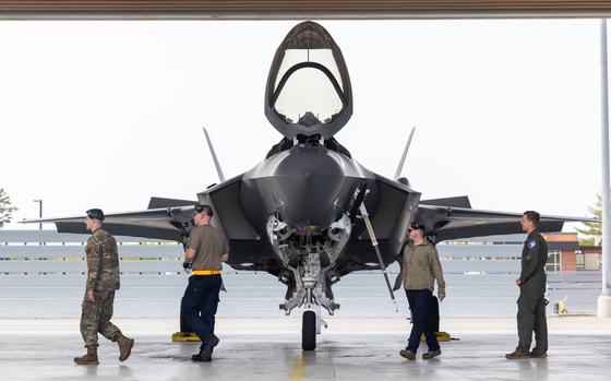 An F-35A Lightning II fighter jet arrives at Westfield Barnes Air National Guard Base Tuesday afternoon, May 9, 2023. (Hoang 'Leon' Nguyen / The Republican)