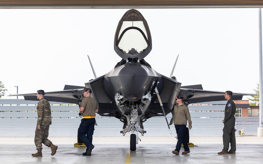 An F-35A Lightning II fighter jet arrives at Westfield Barnes Air National Guard Base Tuesday afternoon, May 9, 2023. 