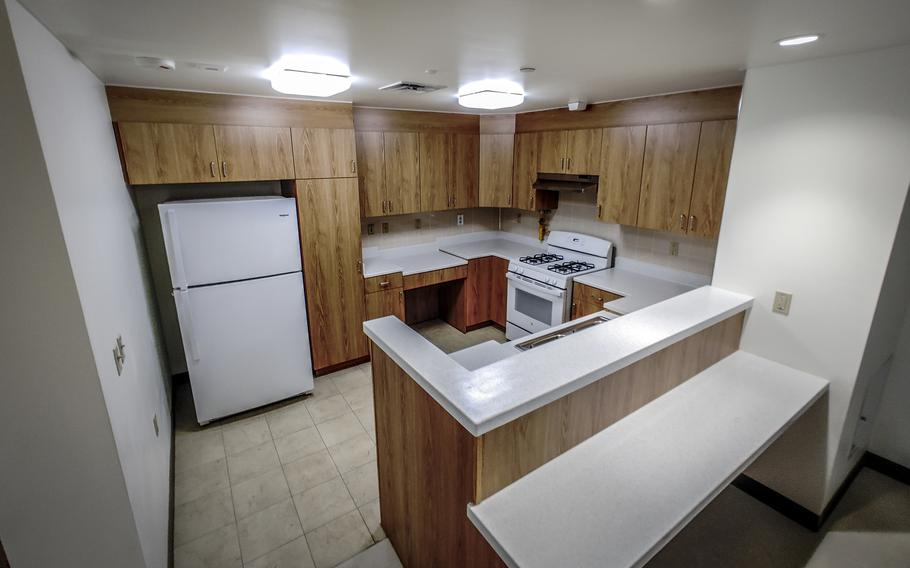 A kitchen inside Vera Tower, named for Medal of Honor recipient Army Pvt. Miguel Vera, at Camp Humphreys, South Korea, Sept. 13, 2024.