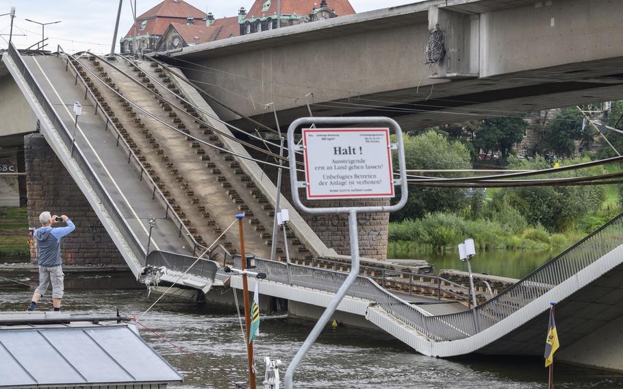 Parts of the Carola Bridge over the Elbe have collapsed in Dresden, Germany, Wednesday, Sept. 11, 2024.