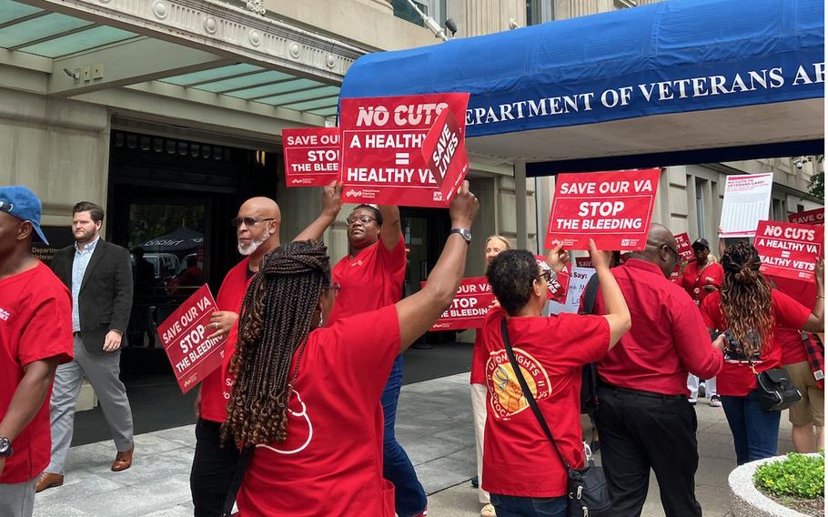 VA nurses rally outside the administration’s headquarters in Washington over staffing shortages in June 2024.