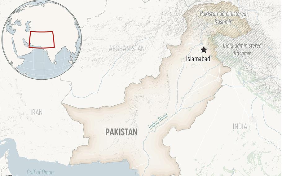 A map of Pakistan in the south-central region of Asia.