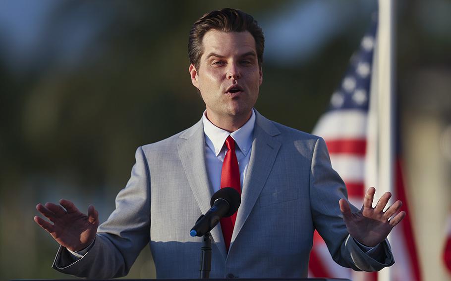 Rep. Matt Gaetz, R-Fla., speaks in Doral, Fla., on April 9, 2021. Lawmakers voted 102-321 on Thursday, April 27, 2023, against the concurrent resolution from Gaetz that would require the president to withdraw U.S. forces from Somalia within one year of enactment. 