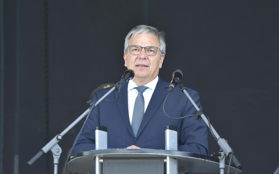 Wiesbaden Lord Mayor Gert-Uwe Mende reflects on the enduring German-American partnership formed during the Berlin Airlift at the 75th anniversary ceremony June 15, 2024, in Wiesbaden, Germany.