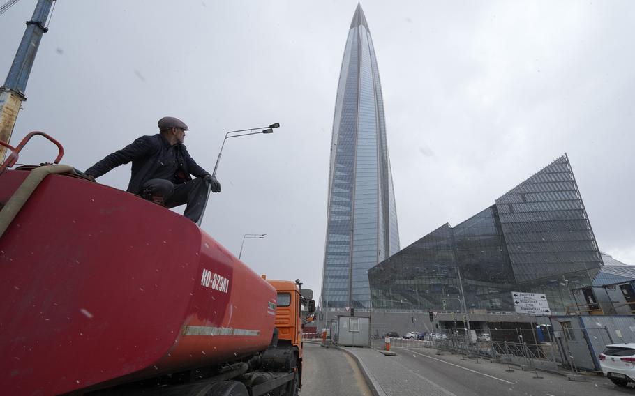 A water tank approaches the skyscraper that is the headquarters of Russia’s Gazprom, St. Petersburg, Russia, April 27, 2022.