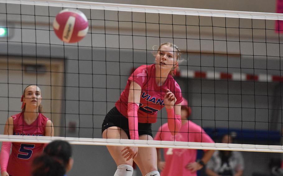 Aviano junior Addison Krajicek sends a rocket over the net Saturday, Oct. 5, 2024, against Sigonella at Aviano Air Base, Italy.