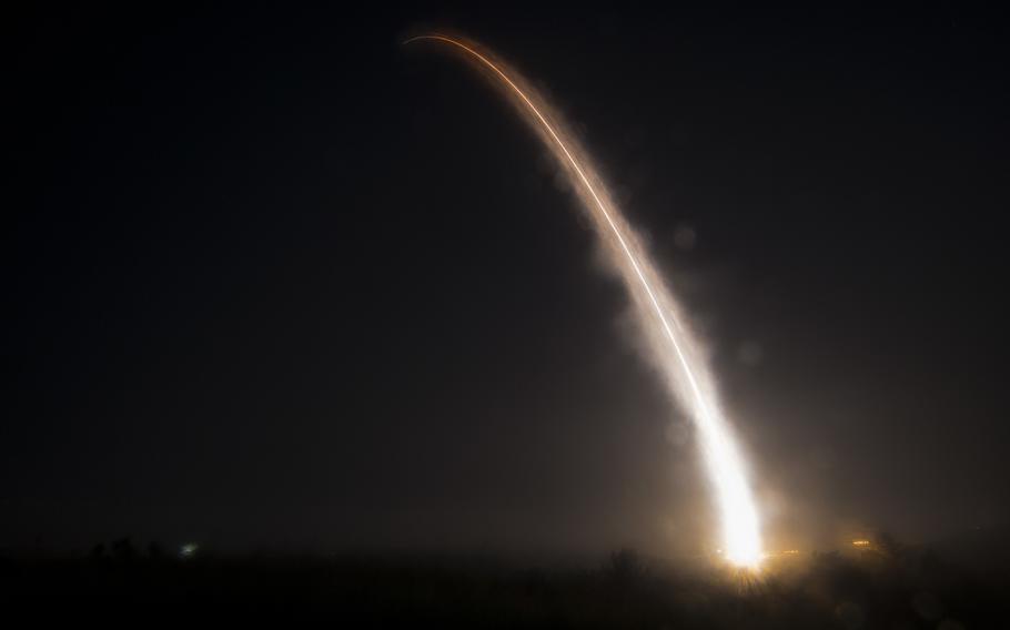 An unarmed Minuteman III intercontinental ballistic missile launches during an operational test.