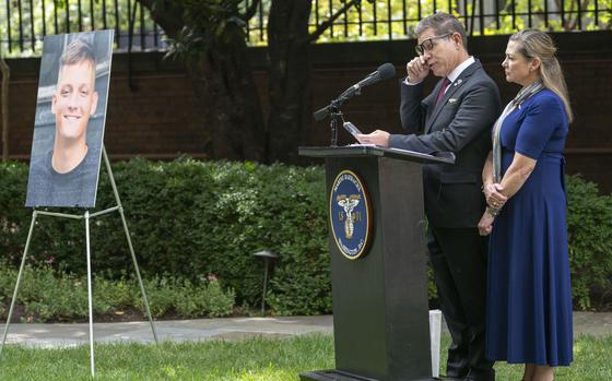 Bart and Alexia Collart speak about their son, Cpl. Spencer Collart, who was posthumously presented The Navy and Marine Corps Medal, during a ceremony in Washington on Sept. 16, 2024.