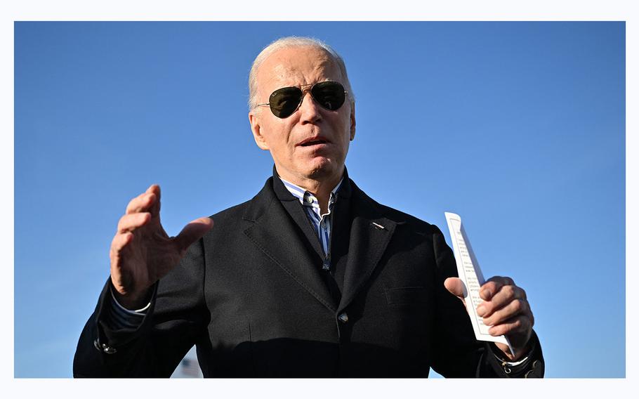 U.S. President Joe Biden speaks before departing from Milwaukee Mitchell International Airport in Milwaukee, Wis., on Dec. 20, 2023, as he returns to the White House.