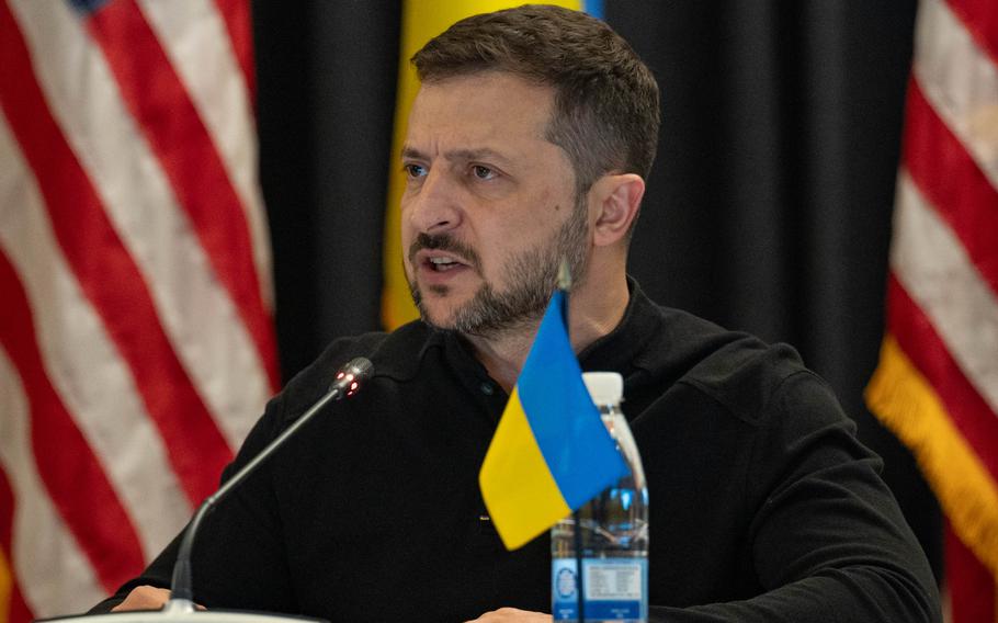 Ukrainian President Volodymyr Zelenskyy speaks Sept. 6, 2024, during a Ukraine Defense Contact Group meeting at Ramstein Air Base, Germany. 