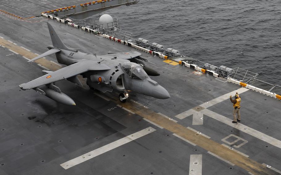 A ground-attack aircraft belonging to Spain prepares to launch from the USS Wasp during a joint exercise.