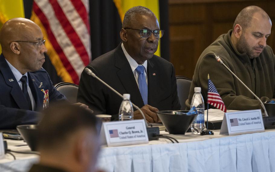 Defense Secretary Lloyd Austin attends a meeting of the Ukraine Defense Contact Group..