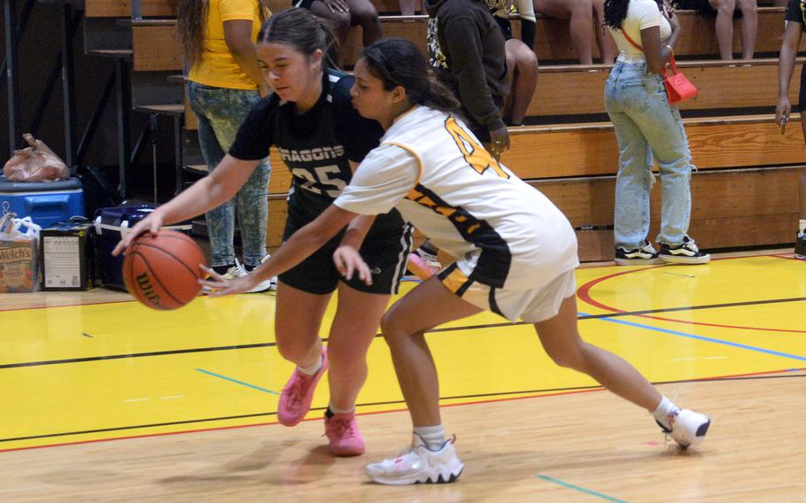 Rylee Smith dribbles against pressure.