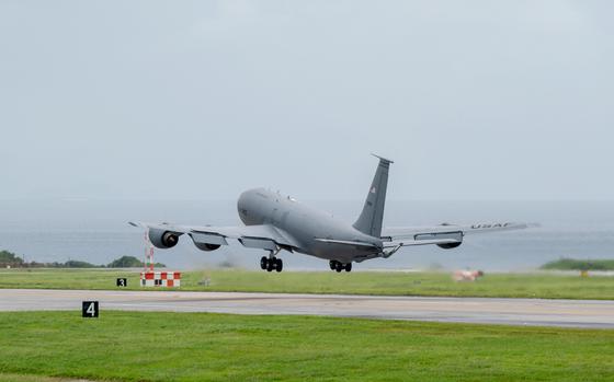 A KC-135 Stratotanker takes off.