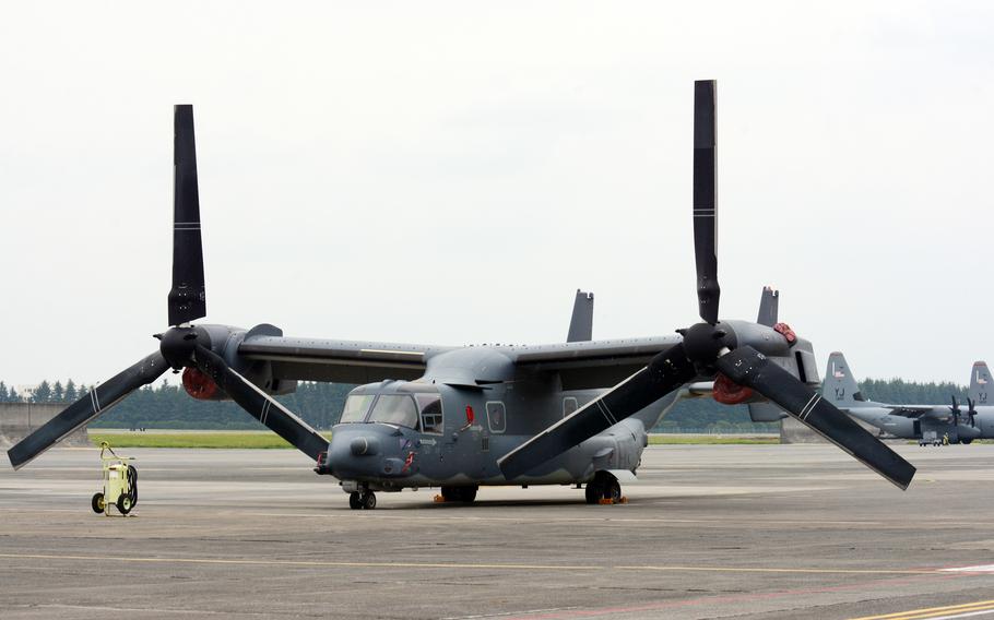 An Air Force Special Operations Command CV-22B Osprey parks at Yokota Air Base, Japan in 2018.