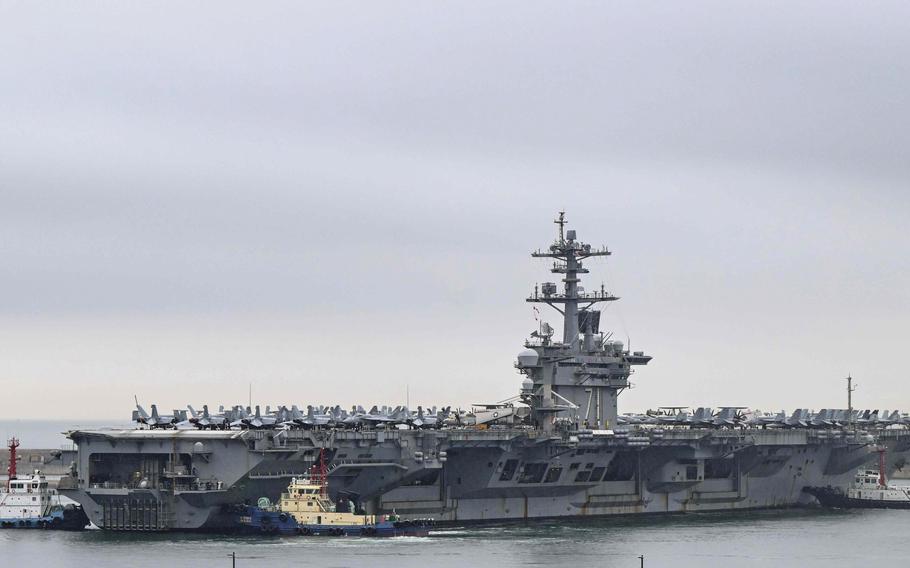 The USS Theodore Roosevelt aircraft carrier arrives in Busan, South Korea, June 22, 2024.