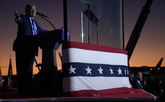 Republican presidential nominee former President Donald Trump speaks during a campaign rally at Arnold Palmer Regional Airport, Saturday, Oct. 19, 2024, in Latrobe, Pa. (AP Photo/Evan Vucci)