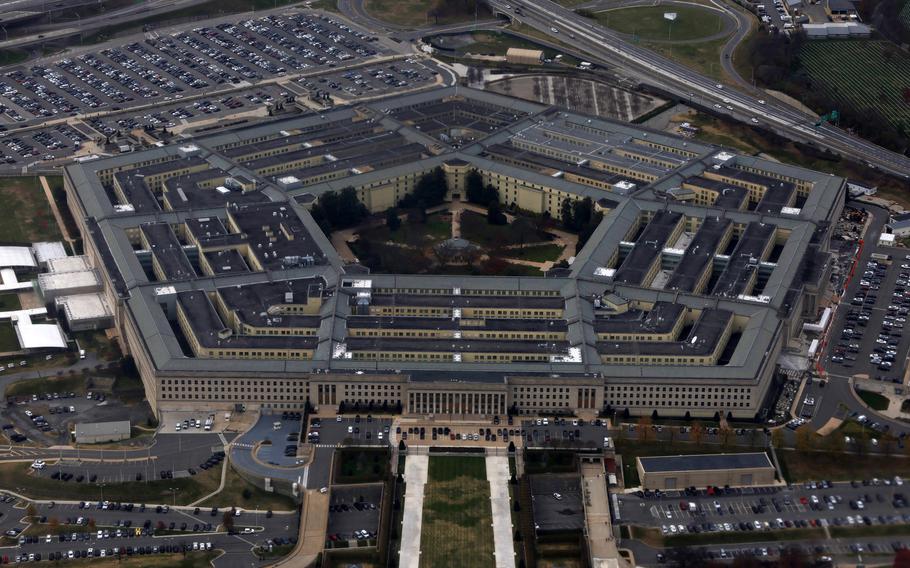 A view of the Pentagon from a flight taking off from Ronald Reagan Washington National Airport on Nov. 29, 2022, in Arlington, Va. 