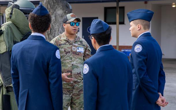 Sgt. Olimpio Nunez, an Explosive Ordnance Disposal EOD Specialist with the 759th EOD Company, out of Fort Irwin, California, speaks with Air Force JROTC cadets at Redlands High School in Redlands, California, March 4, 2024. U.S. Army recruiters across Southern California regularly host public events where diverse groups of Army reservists and active-duty Soldiers interact with potential recruits, sharing their professional and personal experiences as U.S. service members. (U.S. Army Reserve photo by Sgt. Richard Cole)