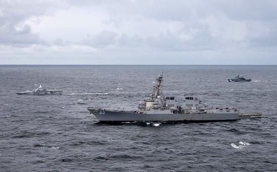 Swedish corvette HSwMS Karlstad, the U.S. destroyer USS Roosevelt and the Finnish minelayer FNS Uusimaa, from left, in the Baltic Sea in August 2023. NATO launched a new mission Jan. 14, 2025, that will enhance military capabilities in the Baltic Sea as concerns rise over suspected Russian sabotage of underwater cables.