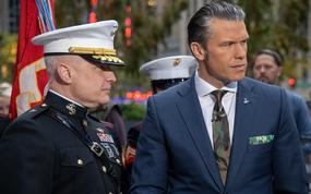 U.S. Marine Corps Brig. Gen. David Walsh, Commander of Marine Corps System Command and native of Brooklyn, New York, and Pete Hegseth, a fox and friends co-host, conduct a cake cutting ceremony live during a Fox and Friends morning broadcast in New York City, New York, November 10, 2023.The cake cutting is a way to celebrate the founding of the Marine Corps as well as the history and years of service they have provided to the United States. U.S. Marines and Sailors participate in events in and around New York City during the week-long Veterans Day celebration to honor the service and sacrifice of the nation's veterans. (U.S. Marine Corps image by Staff Sgt. Theodore Bergan)