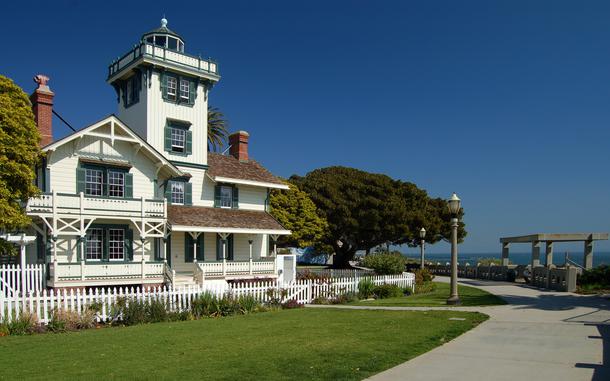 The front exterior of the Point Fermin Lighthouse in San Pedro, Calif., and its front yard.