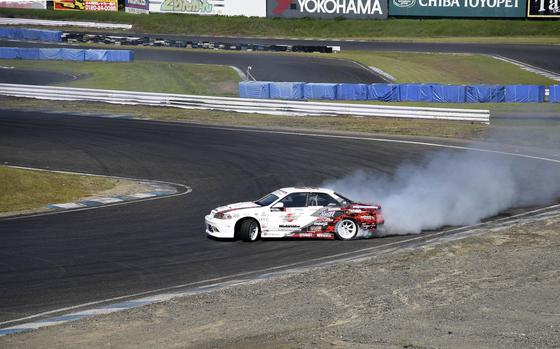 A driver drifts through a turn at Mobara Twin Circut during a Butcher Style Racing 88 event in Chiba, Japan, Sept. 7, 2024.