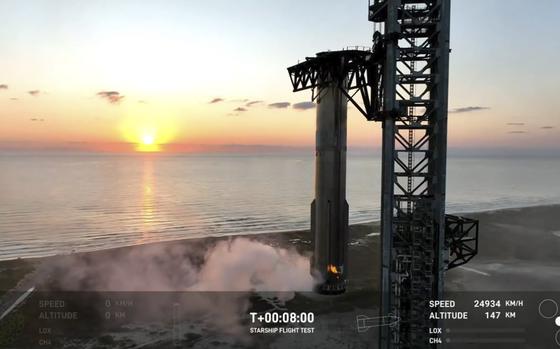 SpaceX’s mega Starship rocket upon its return during a test flight over Boca Chica, Texas. 