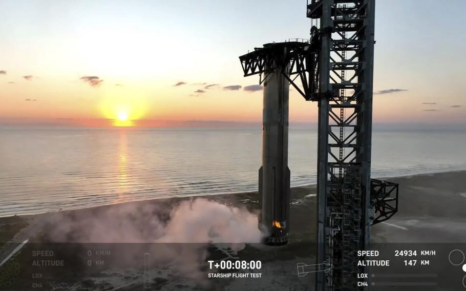 SpaceX’s mega Starship rocket upon its return during a test flight over Boca Chica, Texas. 