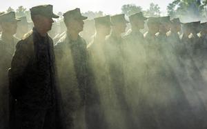Marines stand at attention during the opening ceremony for Predator’s Run at Robertson Barracks in Australia's Northern Territory, July 15, 2024. 