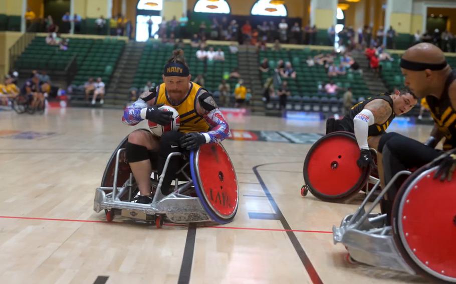 A video screen grab shows action from the Wheelchair Rugby finals at the 2024 Warrior Games.