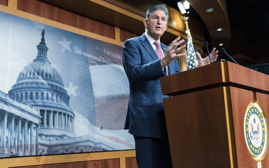 Sen. Joe Manchin, D-W.Va., speaks with reporters during a news conference on Capitol Hill, Monday, Nov. 1, 2021 in Washington.