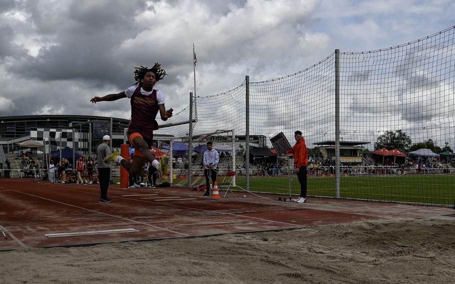 Leo Kirkland soars to a personal record of 6.29 meters during the boys long jump at the 2024 DODEA European Championships at Kaiserslautern High School in Kaiserslautern, Germany, on May 24, 2024, earning fourth place.