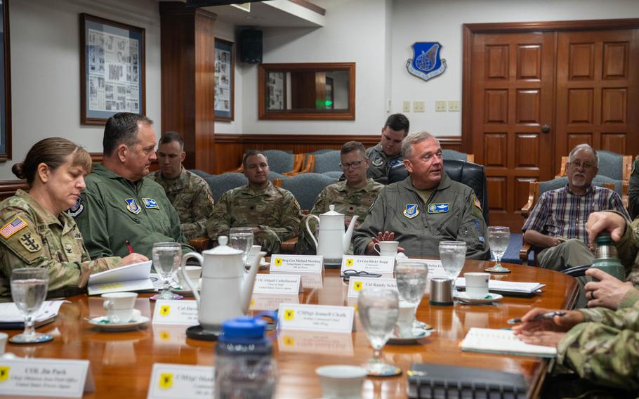 U.S. Forces Japan commander Lt. Gen. Ricky Rupp, second from right, meets with commanders at Kadena Air Base, Okinawa, July 23, 2024. 