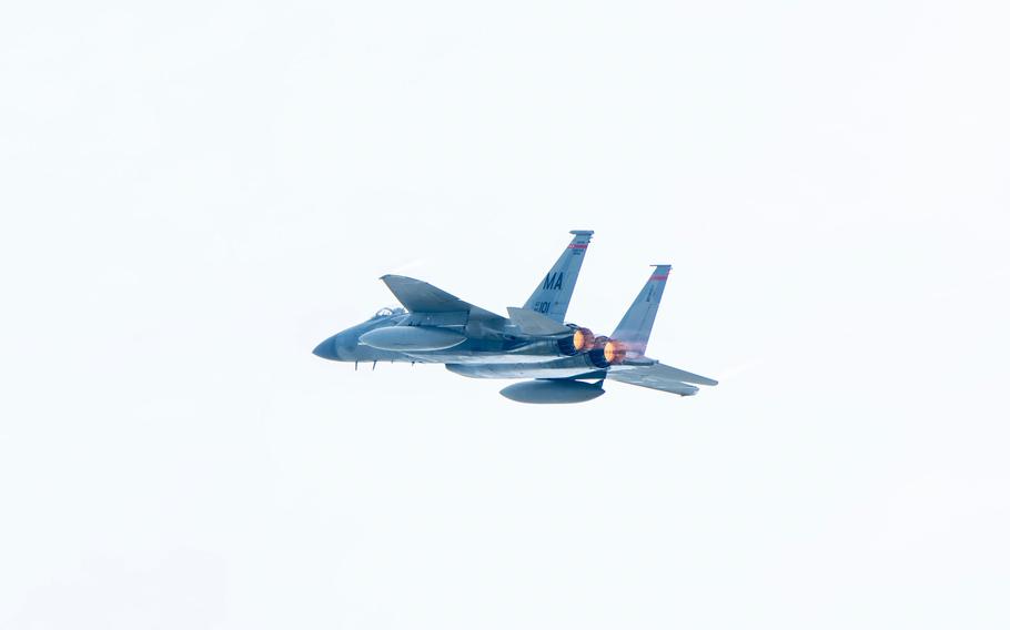 Col. Michael ‘Shot’ Glass, 104th Fighter Wing Operations Group Commander, flies F-15C aircraft 85-101 from Barnes Air National Guard Base in Westfield, Mass., to Bradley Air National Guard Base in East Granby, Conn., on July 22, 2024, its final flight before being retired and donated to the New England Air Museum.