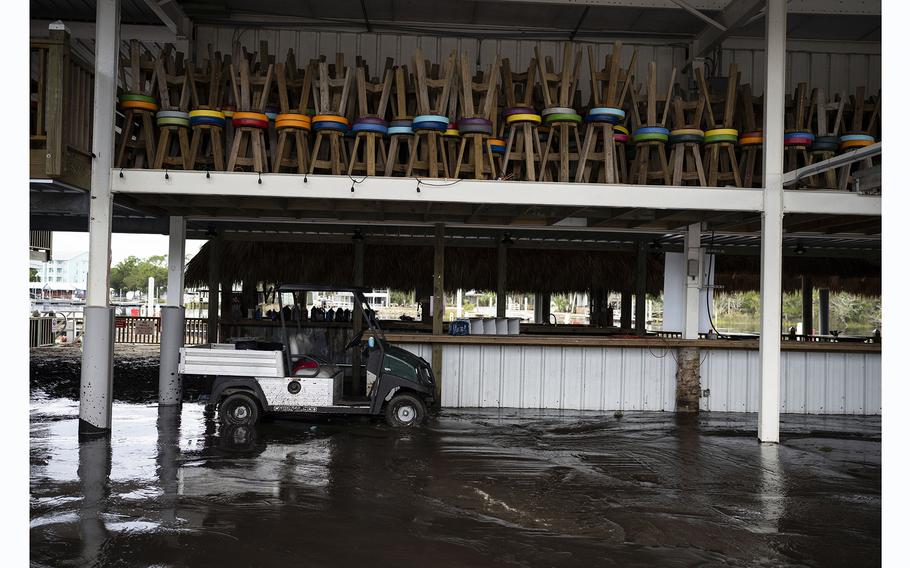 Stools were stored out of harm's way at the Sea Hag Marina during cleanup after Hurricane Idalia hit. 