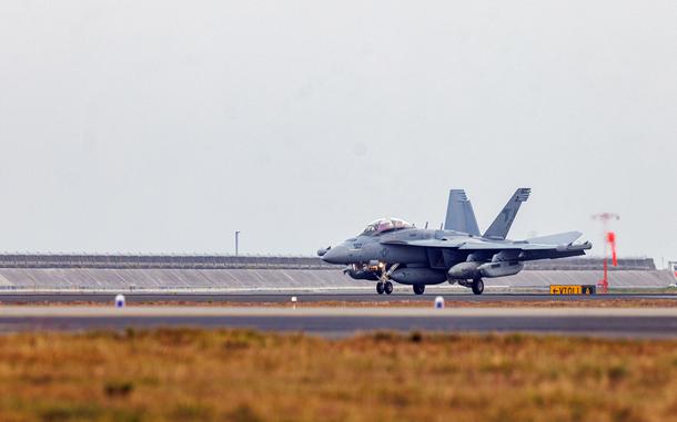 A U.S. Navy E/A-18G Growler with Electronic Attack Squadron 141, Carrier Air Wing 5, lands at Marine Corps Air Station Iwakuni, Japan, Nov. 17, 2024.