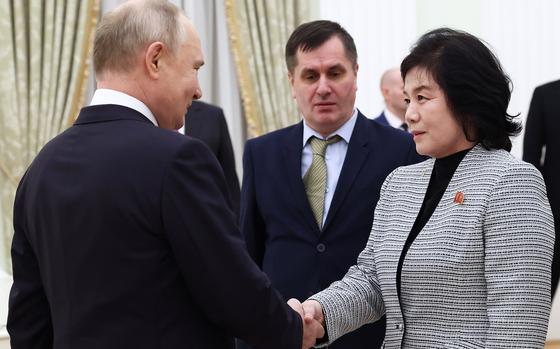 In a pool image distributed by Russian state agency Sputnik, Russian President Vladimir Putin meets with North Korean Foreign Minister Choe Son Hui at the Kremlin on Jan. 16, 2024, in Moscow. (Artem Geodakyan/Pool/AFP/Getty Images/TNS)